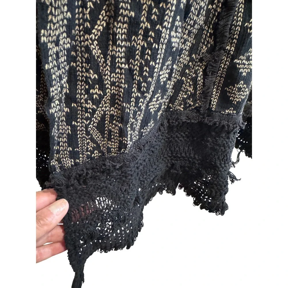 Zara Woman Premium Denim Collection Boho Crochet Fringe Cardigan Black Tan Med